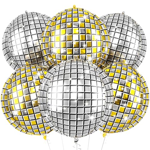 Image of 6pcs 22 Inch Gold and Silver Disco Ball Balloons, Silver Big Disco Balloons, Gold 4d Large Foil Aluminum Balloon For Birthday Baby Shower 70s 80s 90s Theme Party Wedding Engagement Graduation Decor