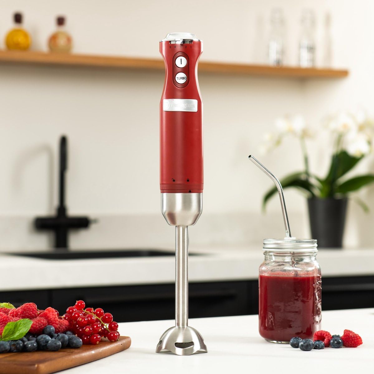 Westinghouse Retro mikser nurkowy, 4-biegowy, funkcja turbo, 2 ostrza motylkowe, stal nierdzewna, ergonomiczny uchwyt, zdejmowany trzpień, torba do przechowywania, 600 W, czerwony