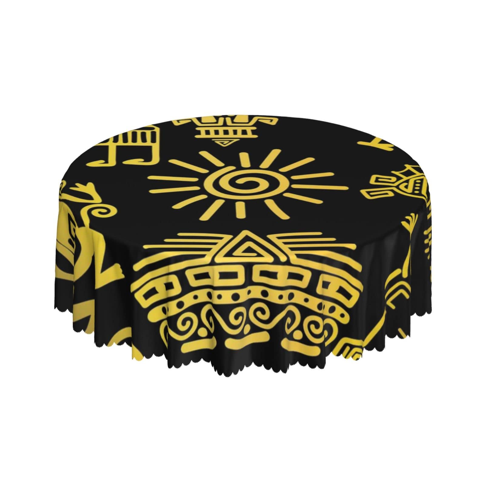 Lsjuee Mayan Totem Golden Symbol Round Tablecloth 60 Inch Printed Washable Tablecloth for Dining Party Holiday Fall Home Decorative