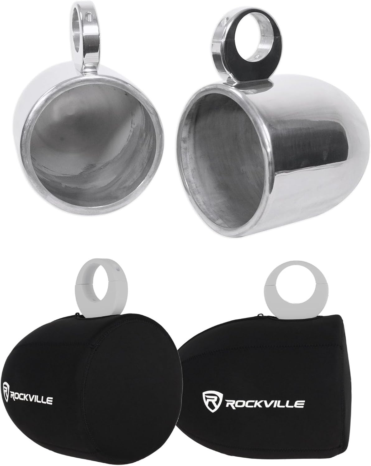 Rockville MAC90S Bundle: (2) 8 in Polished Silver Aluminum Wakeboard Tower Speaker Enclosures, (2) RWBC80 Neoprene Protective Covers for Marine Use, 4-Items