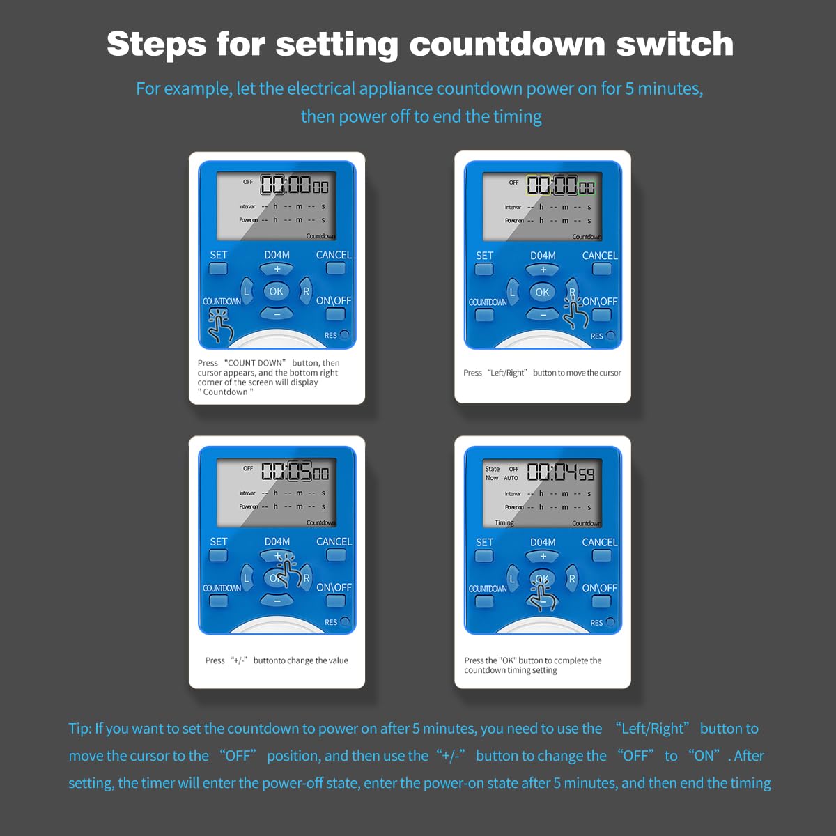 Timer-Steckdose, digitaler Steckdosen-Timer mit Countdown-/Wiederholungszyklus, intermittierender Zeitschalter für den Innenbereich, minimale Einstellung in Sekunden, 110 V/220 V (D04M)