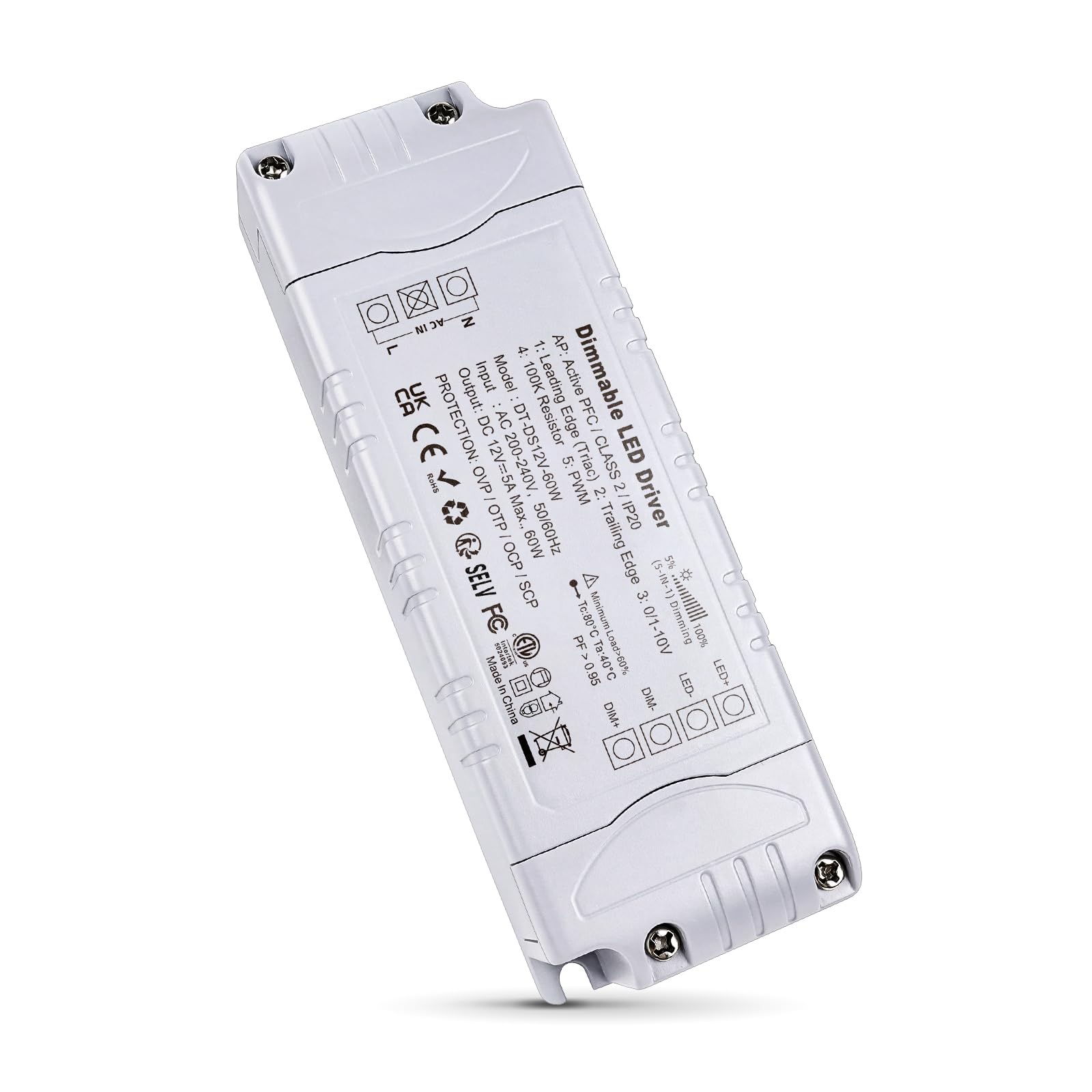 REYLAX Transformador de 220V a 12V 60W 5A Regulable Triac y 0/1-10V, Transformador LED Dimmable de Voltaje Constante, Fuente de Alimentación de Bajo Voltaje, Controlador para Tira LED