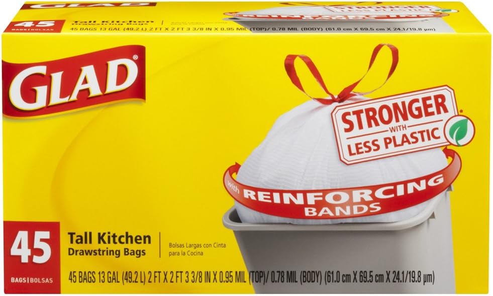 Glad Tall Kitchen Drawstring Trash Bags - OdorShield 13 Gallon Grey Bag - 45 Count
