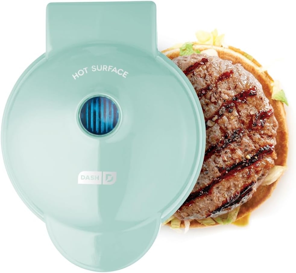 Mini Maker Portable Grill Machine + Panini Press for 4" Burgers, Sliders, Sandwiches, Chicken + Other On the Go Breakfast, Lunch, or Snacks with Recipe Guide - Aqua