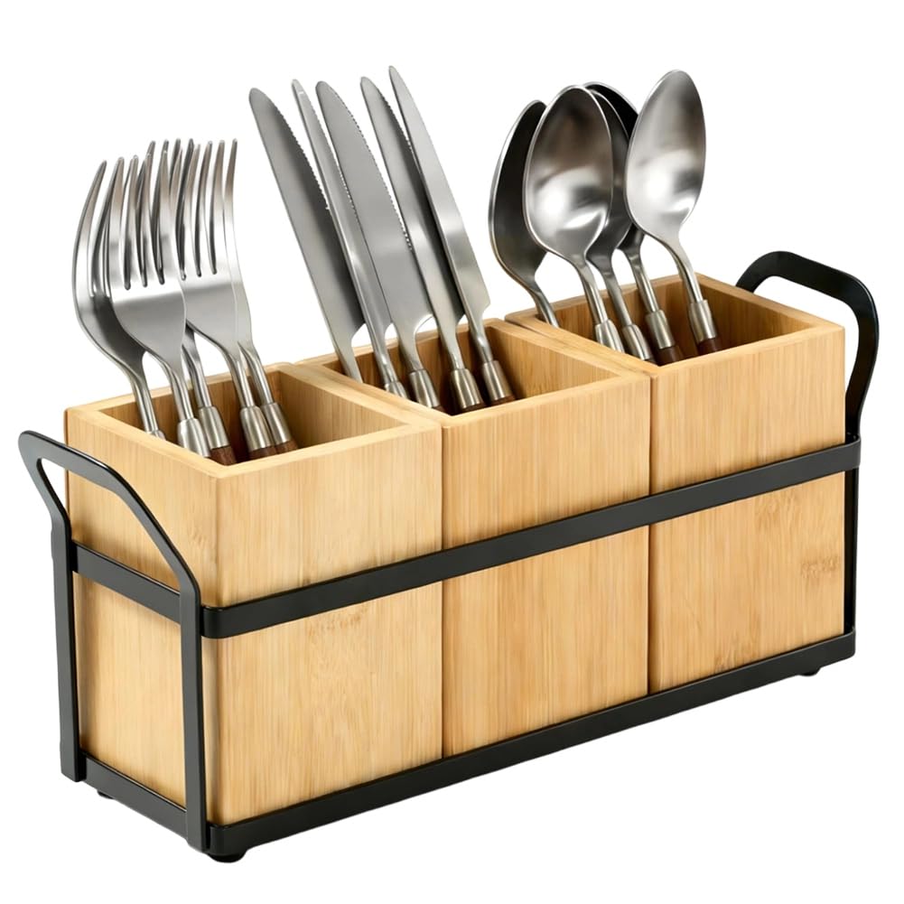 Hndhbfgrt As Shown For Countertop Bamboo Kitchen Utensil Holder 3-Compartment Storage Organizer For Cooking Tools, Silverware, And Spatulas