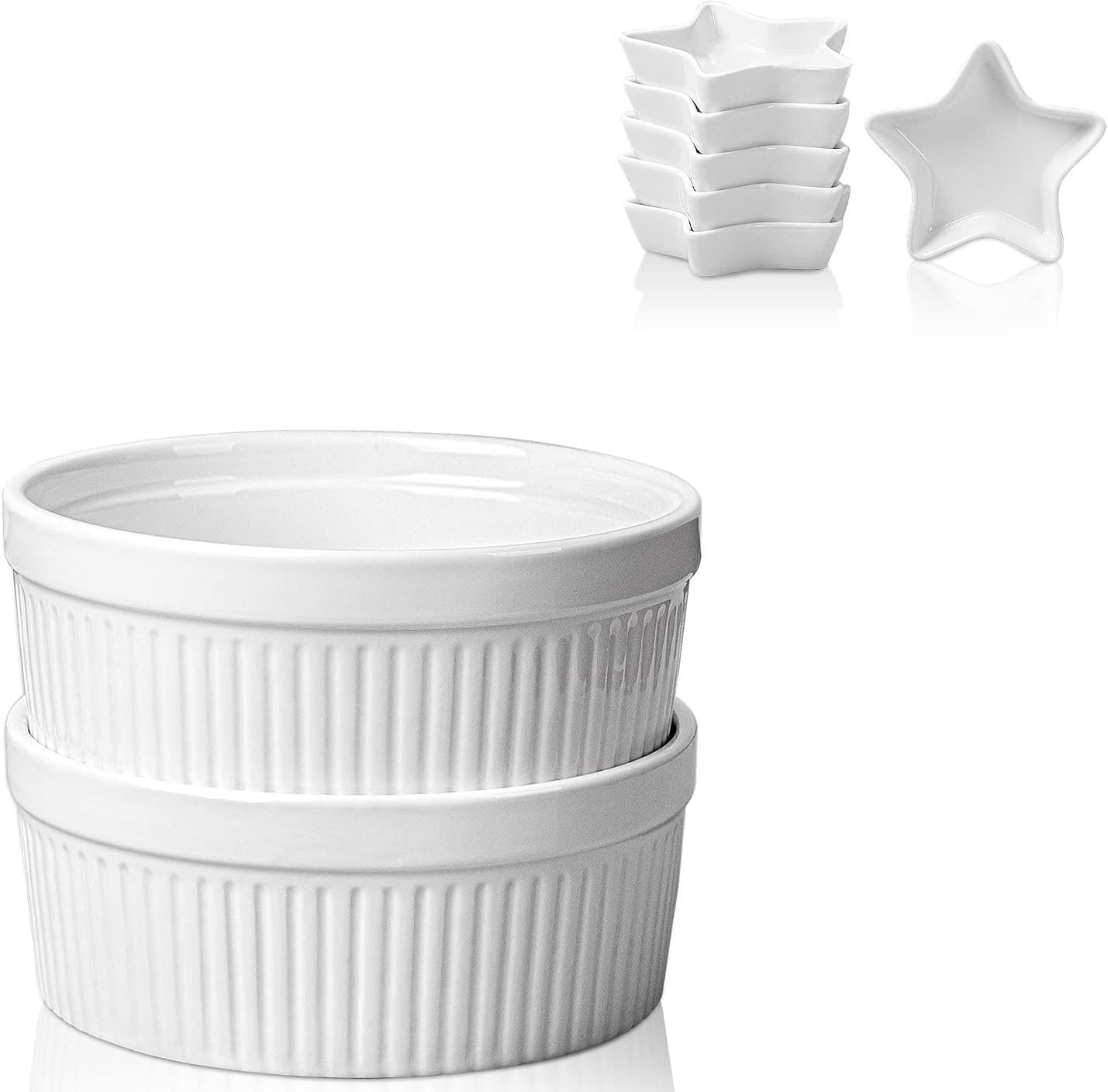 Delling Large Ramekins 32 Oz-Souffle Dish for Baking+ Star Soy Sauce Dish - Delling Dipping Bowls/Dish, Ceramic Dipping Sauce Cups for Soy Sauce
