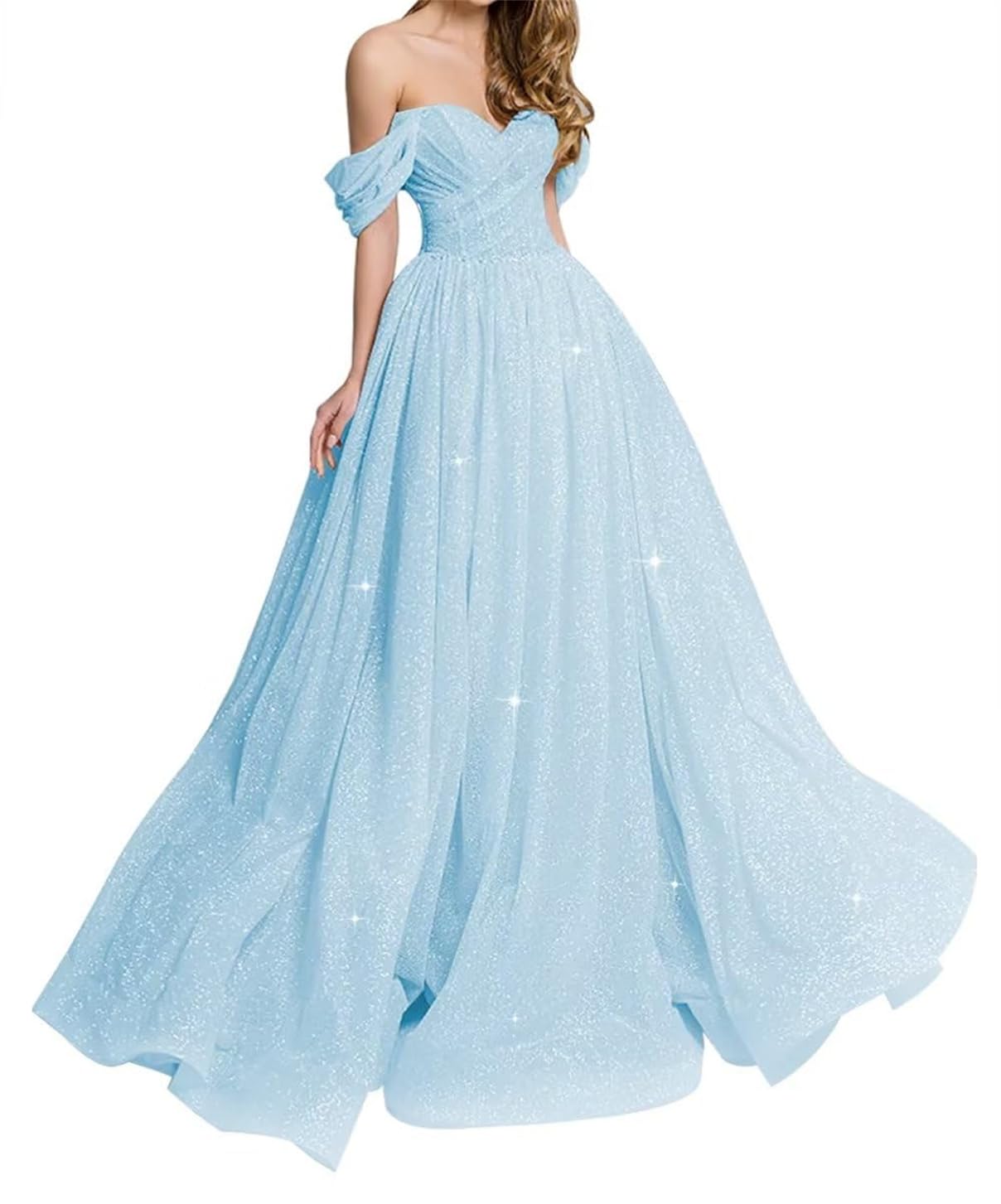 Yiann Women's Sky Blue Off Shoulder Prom Dresses Long Ball Gown Glitter Tulle A-Line Formal Evening Party Dress Yiax186 Uk8