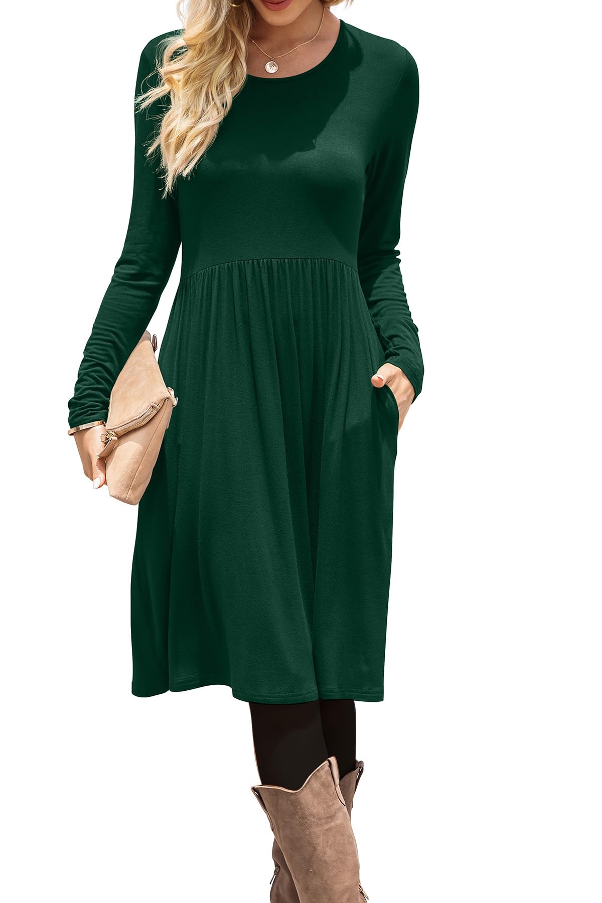 DB MOON Women Casual Long Sleeve Dresses Empire Waist Knee Length Loose Dress with Pockets