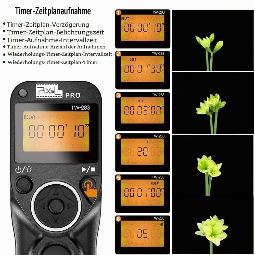Pixel Kamera Fernauslöser Timer TW-283 DC0 Intervalometer für Nikon | Kompatibel mit Nikon Z8 Z9 D3 D4 D5 D6 D800 D850 D800E D810 D810A D700 D500 D300 D200 F6 F100F5 F90X F90 D1X D2H D3X