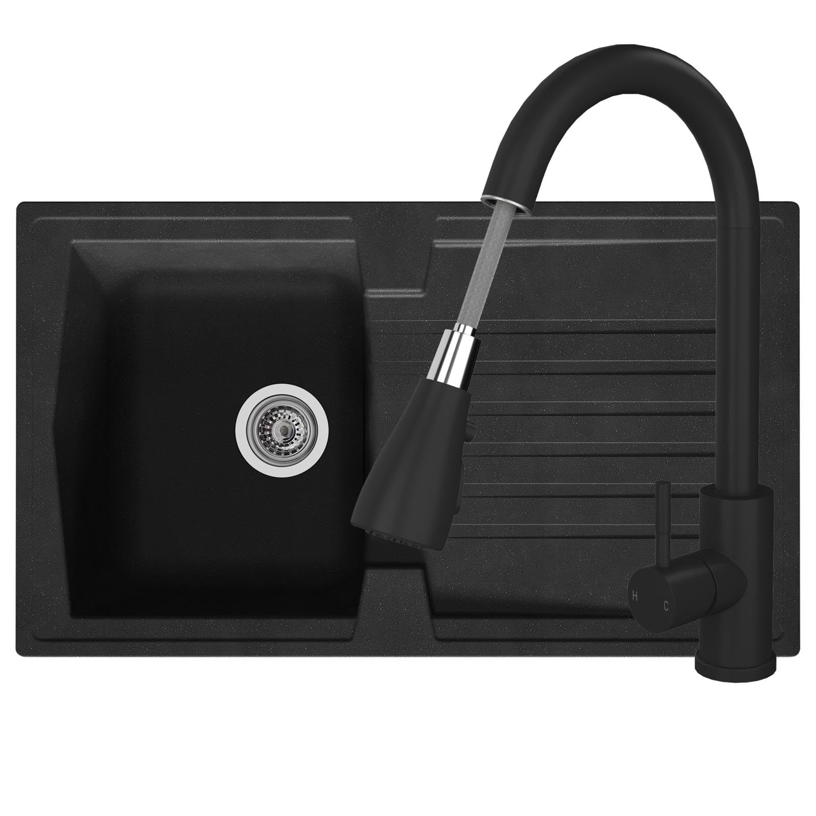 Liquida AR10BL 1.0 Bowl Composite Reversible Black Kitchen Sink With KPO11MB Tap