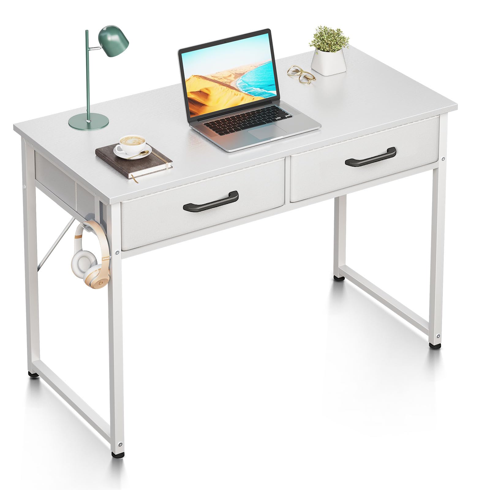 ODK Schreibtisch mit 2 Schubladen, 100 × 40 cm, Kopfhörerhalter, Weiß | Computertisch mit Stauraum, 2 Schubladen aus Stoff und Kopfhörerhalter, Bürotisch und PC Tisch für kleine Räume