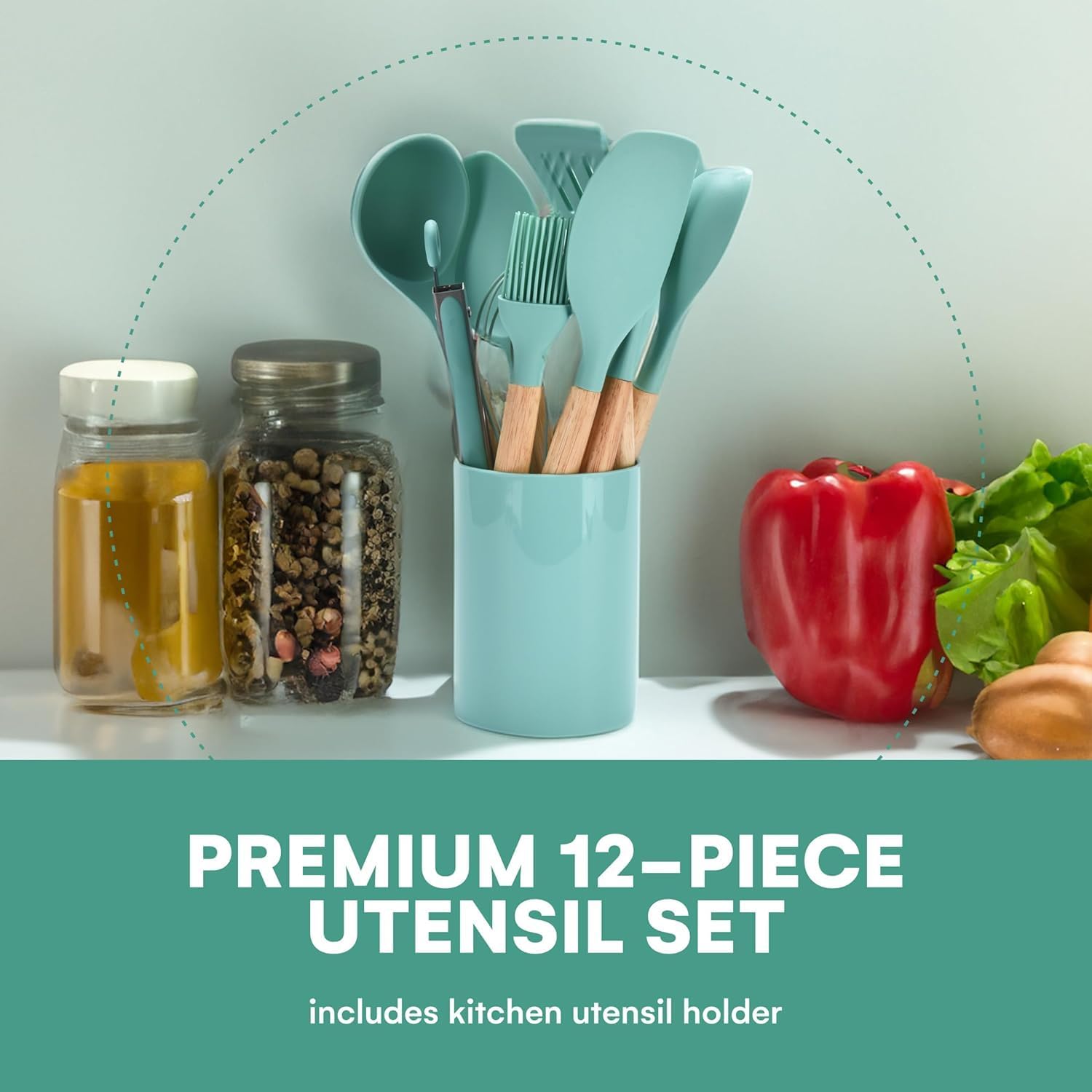 JUGTE - Juego de 12 espátulas de silicona antiadherentes, mango de madera de aislamiento resistente, accesorios de cocina para cocinar con espátula (verde)