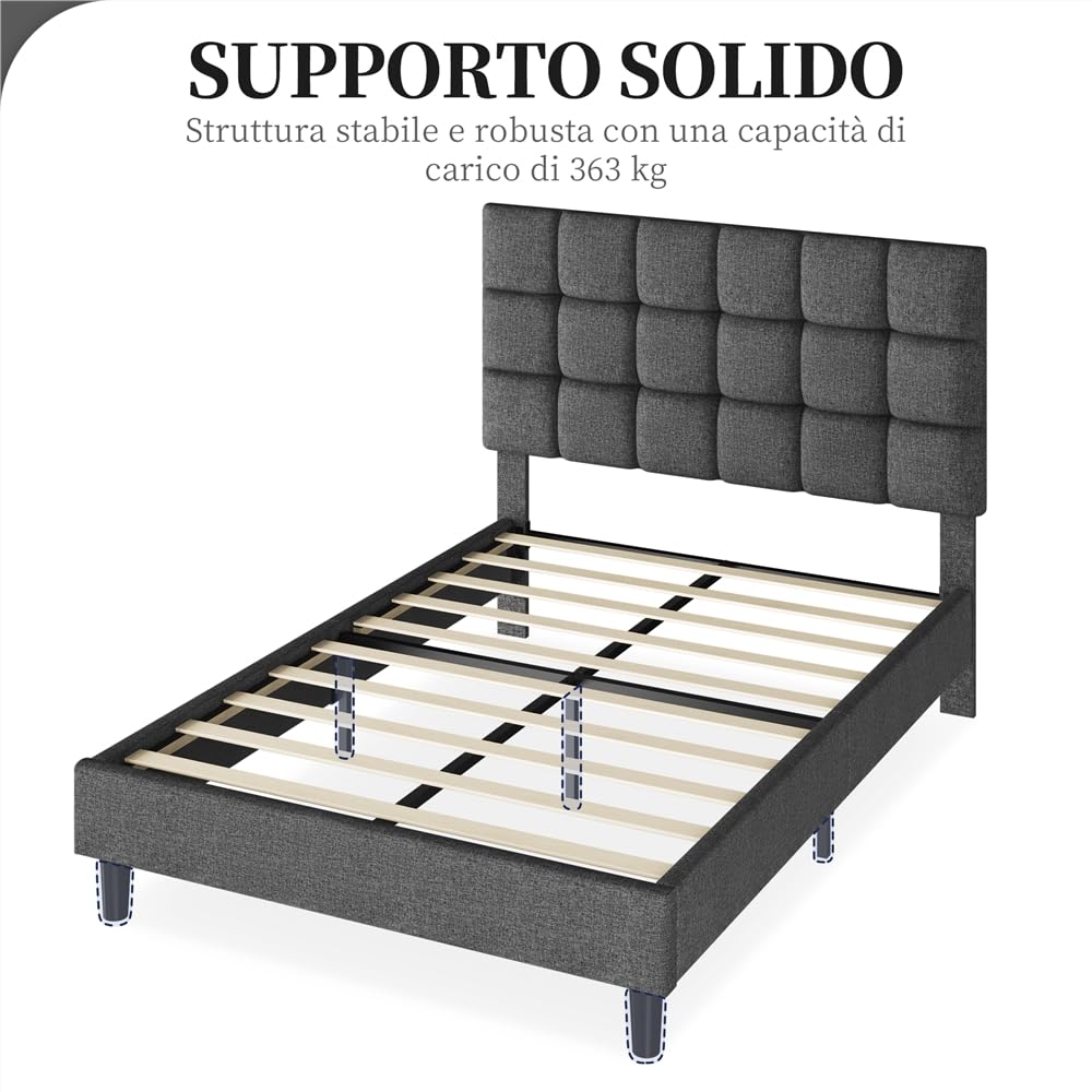 Yaheetech Letto Imbottito 140 x 200 cm con Testiera Quadrata Altezza Regolabile Doghe in Legno Grigio Scuro