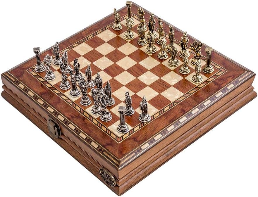 Travel Size 9.8 inches ( 25 cm ) Hero Chess Set - Wooden Handmade ROS color Chess Board & Metal Casting Chessmen