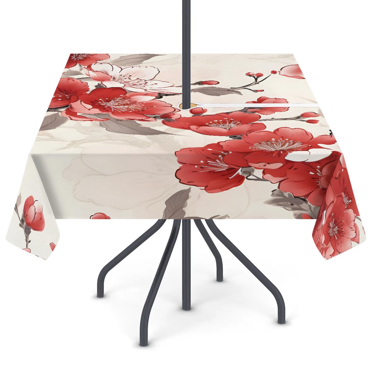 Gumuslen Outdoor Tablecloth with Umbrella Hole, Japanese Cherry Blossoms Stain Resistant Waterproof Fabric Table Cover, Zipper Table Cloth for Tables