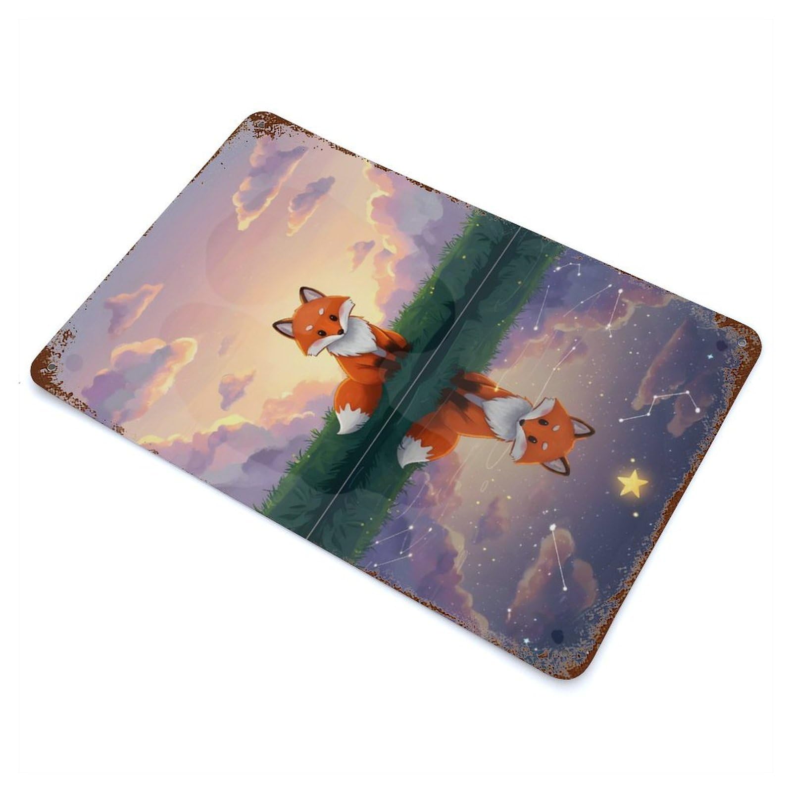 Aged Metal Wall Plaque with Fox Reflection on Starry Water Design 11.8"x7.9", for Basement, Hobby Room And Garage Decor, Farmhouse Wall Decor
