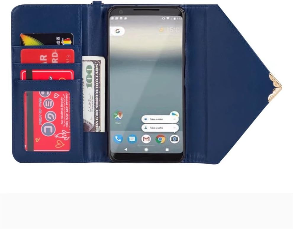 Google Pixel 2XL Case,Hsiaofe PU Leather Magnetic Closure Envelope Wallet Flip Protective Cover Case Credit Card Holders Women Handbag with Wrist Strap for Google Pixel 2XL (Blue)