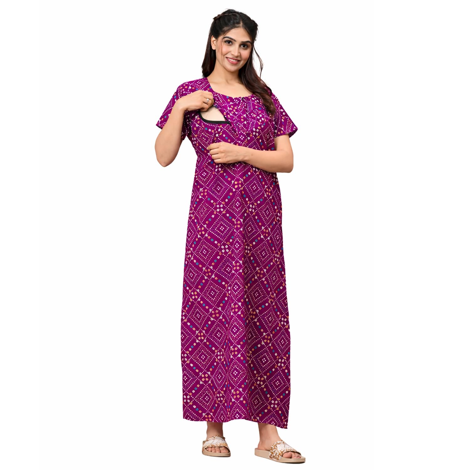 Women's Cotton Printed Feeding & Maternity Nighty | Soft Comfortable Nursing Maxi Gown for for Pregnancy | Front Zip Feeding Sleepwear Dress Purple| NT16003-image-24