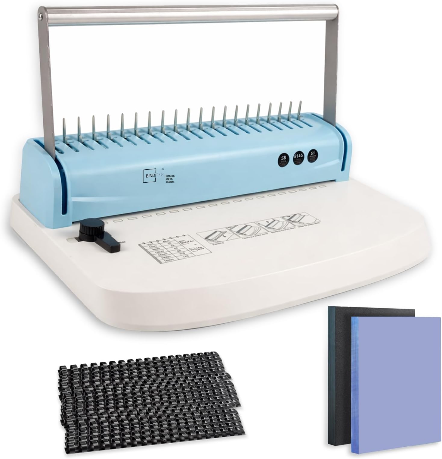 - Binditek Binding Machine, 19-Hole, 145 Sheets, Comb Binding Machines with 50 PVC Binding Covers (8Mil), 50 Sand-Textured Polycovers (12Mil) and 50 PCS 1/2" Binding Combs, for Letter Size, Fixed Margin