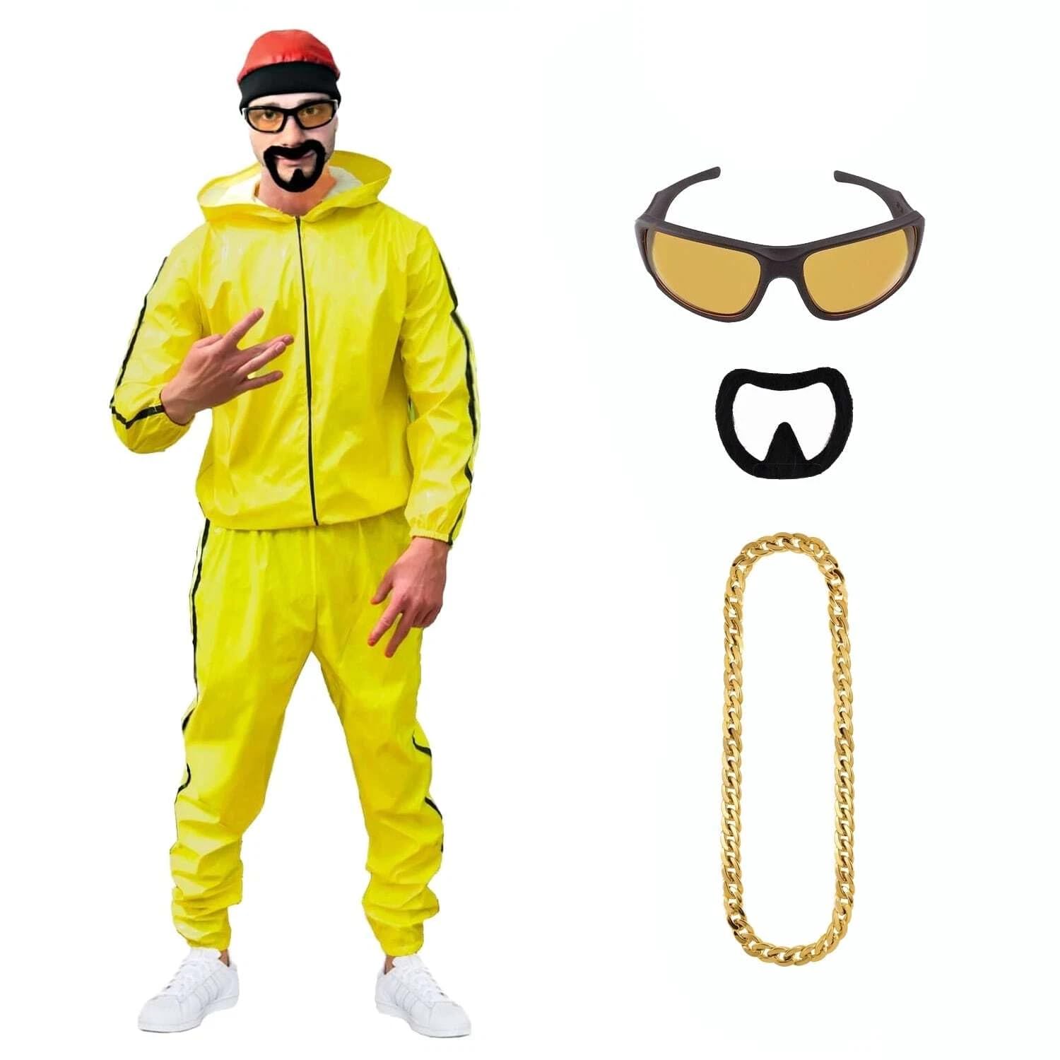 SoWest 90s Rapper Fancy Dress Costume – Yellow Tracksuit, Hat, Sunglasses, Gold Chain, Beard & Glasses | 90s Gangster Outfit for Stag Do, Halloween & Cosplay - M