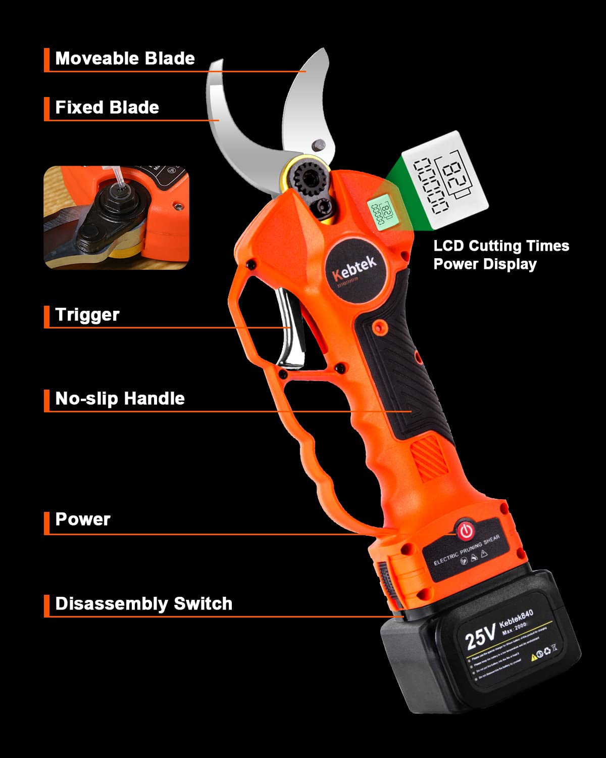 Kebtek Professional Pruning Shears Electric Pruner Branch Cutter, 25V
