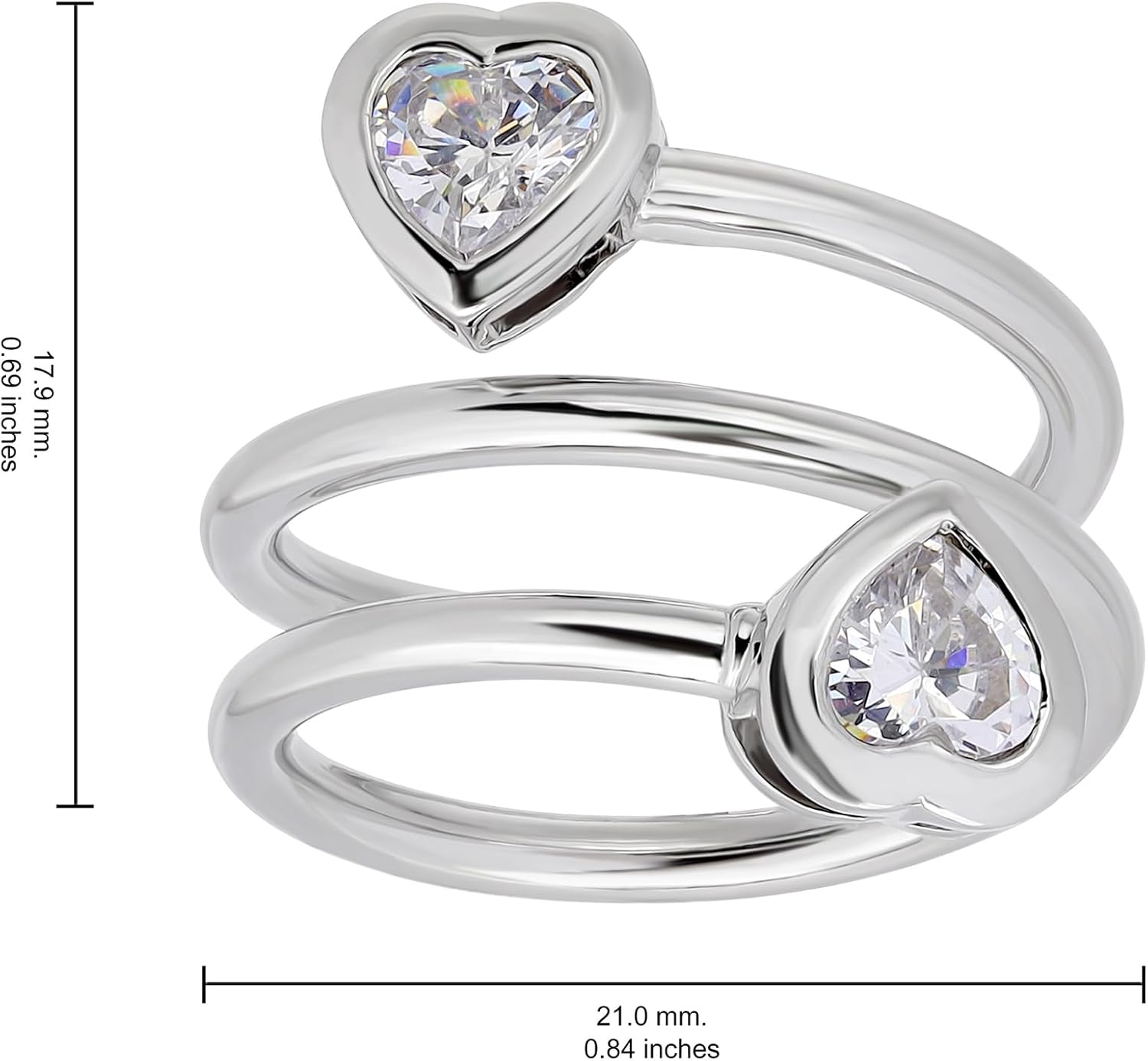 Hoops & Loops 925 Sterling Silver Cubic Zirconia Heart Love Two Stone Spiral Wrap Around Polished Statement Ring, Silver, Yellow & Rose Gold