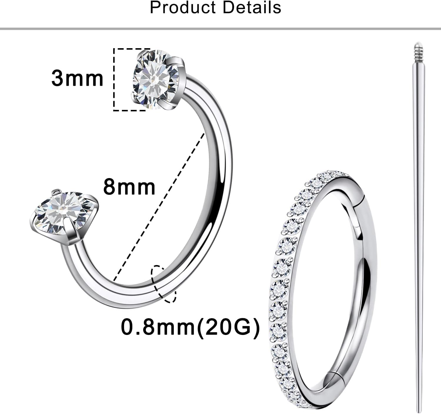 Lcolyoli 20G Titanium Nose Rings Hoops Hinged CZ Double Gem Horseshoe Nose Piercing Jewelry for Women Includes Taper Ball Grabber Tool for Easy Jewelry Changing