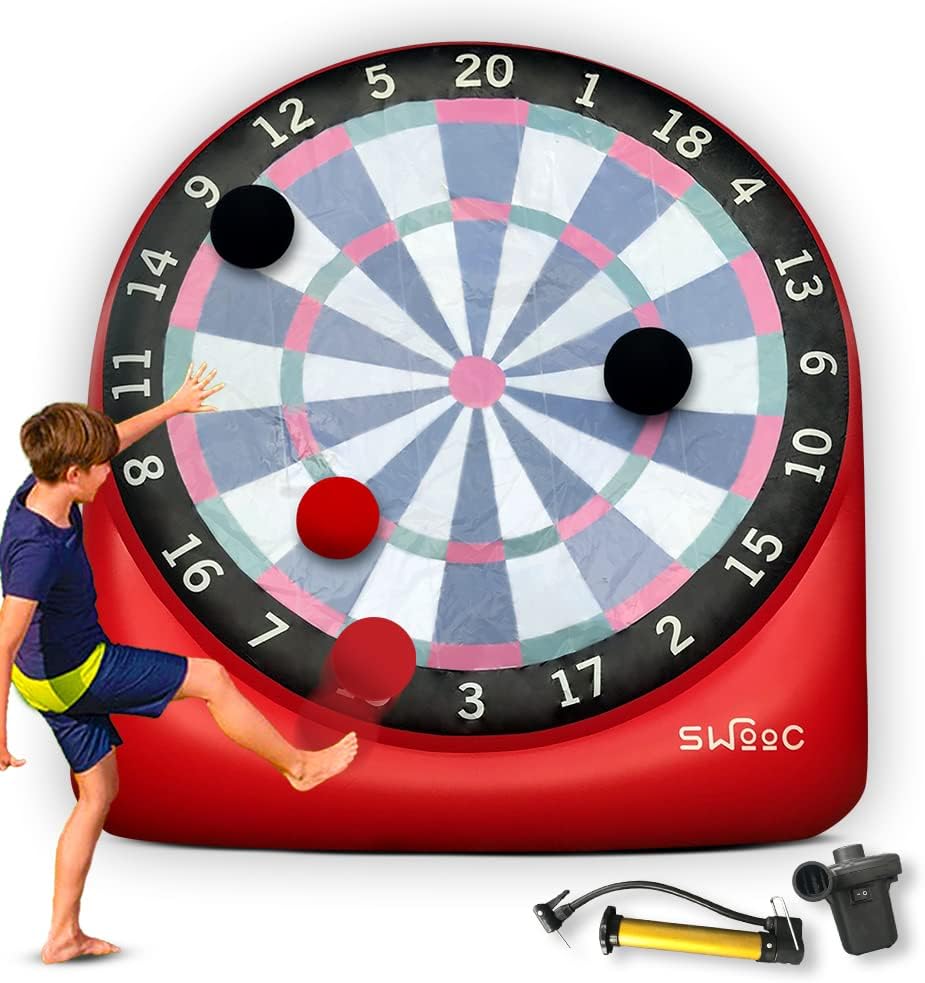 SWOOC Games - Giant Kick Darts (Over 6ft Tall) with Over 15 Games Included - Giant Inflatable Outdoor Dartboard with Soccer Balls, Air Pump & Score Card - Jumbo Foot Darts Game with Big Target
