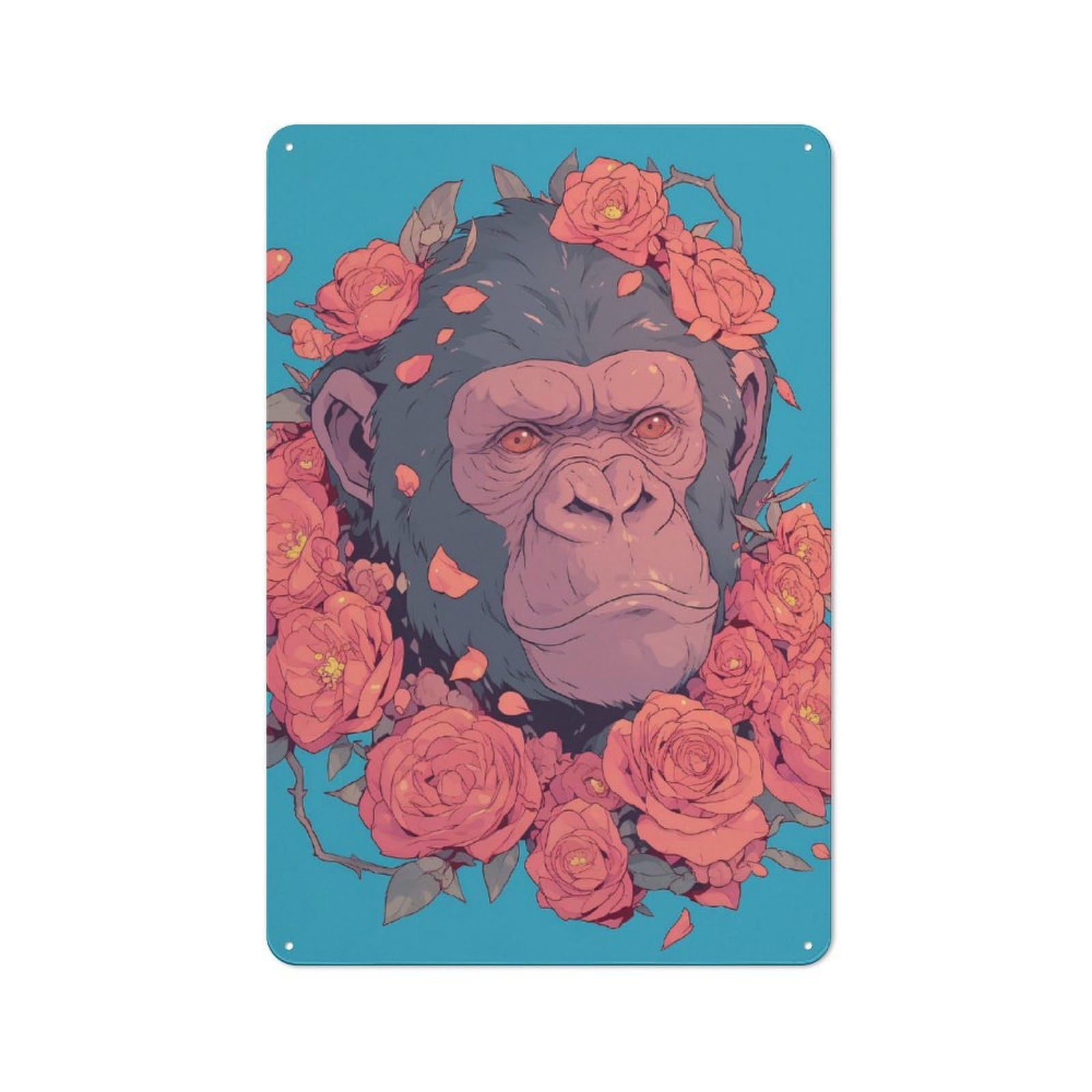 Junmoney Style Cottage Chimpanzee With Roses Digital Art Country Metal Sign 30X20cm, Farmhouse Wall Decor For Farmhouse Kitchen, Pantry Or Dining Area