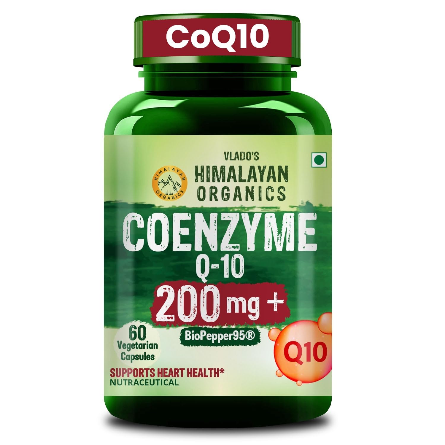 Vlado's Himalayan Organics CoQ10-200mg With BioPepper - 5mg, COENZYME Q-10 Supplement | High Absorption I Highest Strength CoQ10 In Single Capsule I For Men And Women - 60 Veg Capsules