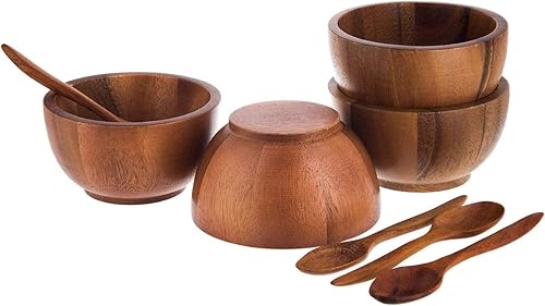 Miniatura 6 de Juego de 4 pequeños cuencos redondos de madera de acacia de 4 pulgadas de diámetro con cucharas, cuencos apilables para ensalada, sopa, aperitivos,