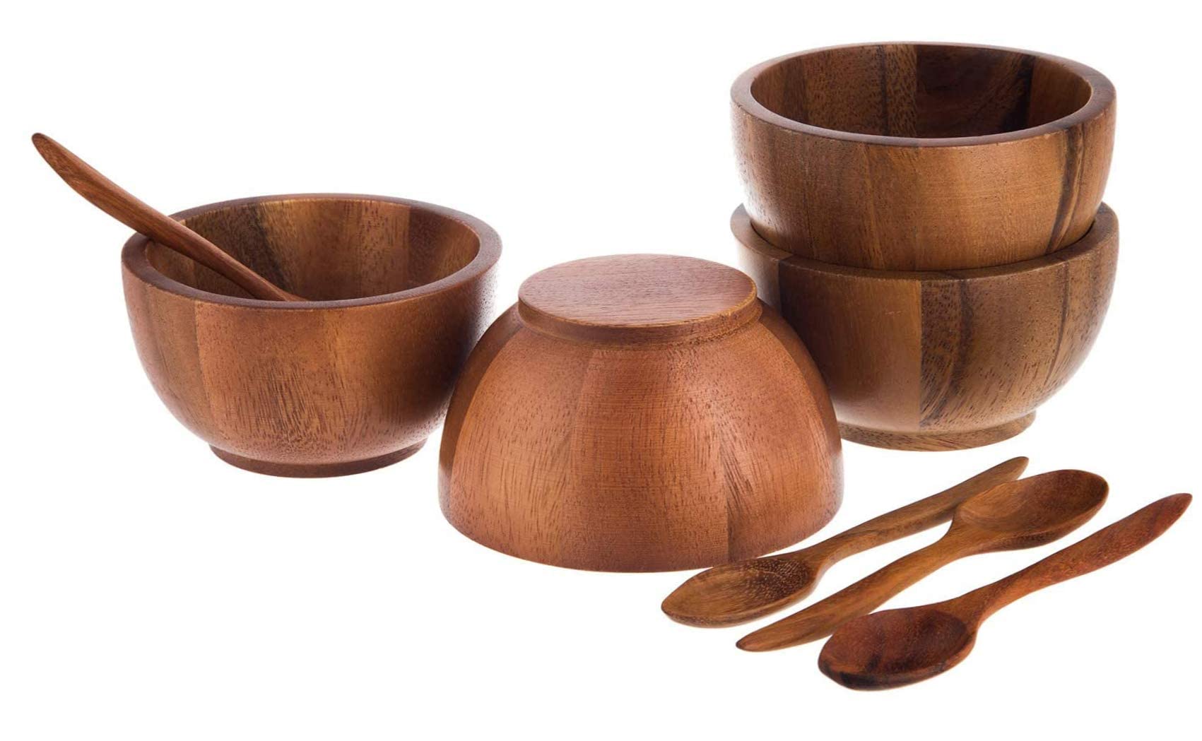 Wrightmart Set di 4 ciotole per alimenti, insalata, snack, cereali, noci, salse per antipasti, caramelle e decorazioni decorative, stoviglie in acacia, diametro 12,7 cm, finitura naturale