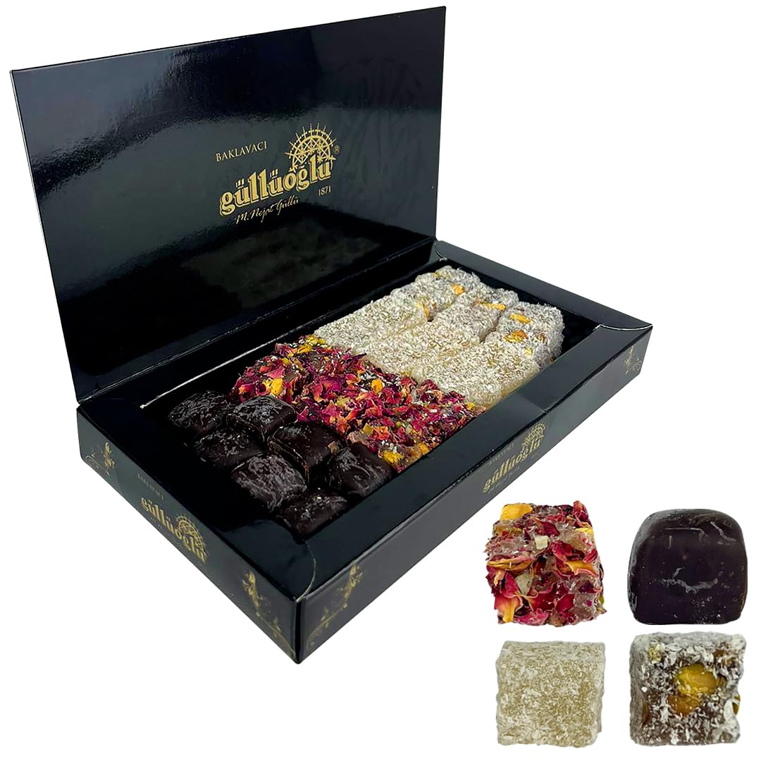 Güllüoglu Gourmet Delight Series: Sultan’s Confections Assorted Turkish Delight, 8.8oz - 250gr (Pack of 1), Chocolate-Pistachio-Bergamot-Orange-Rose Leaves-Pomegranate-Honey-Coconut, daily fresh shipment from Istanbul/Turkey