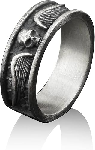 BySilverStone Jewelry Anillo de plata de ley hecho a mano con calavera alada para hombre, anillo gótico de plata para hombre, anillo de motociclista