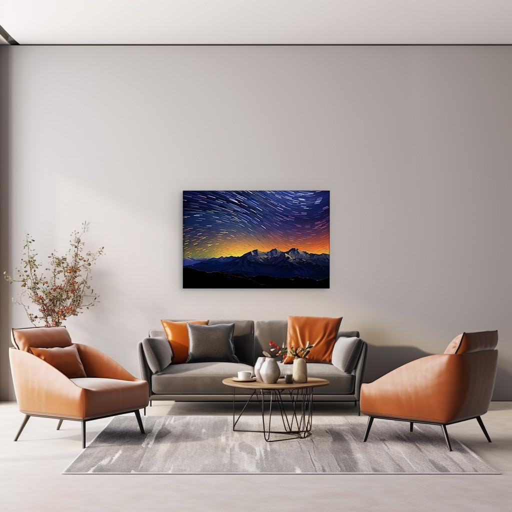 Canvas for Living room. Starry Trails Over Silent Peaks: Unveiling the Night's Enchanted Canvas, 27 x 18 inch Canvas Wall Art - Modern Home Decor - 69x46 cm (27x18 inch)