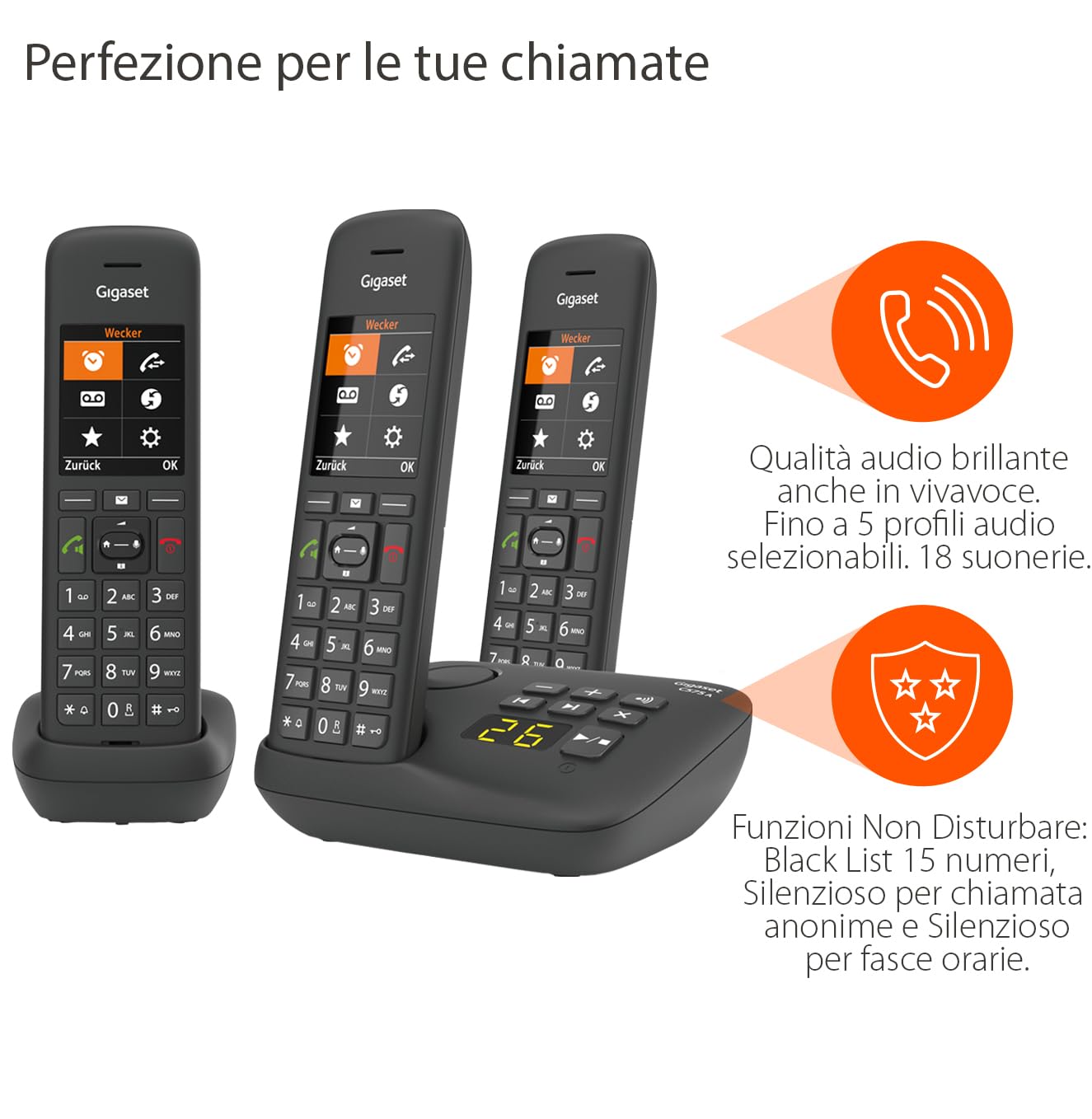 Gigaset C575A Trio - Cordless Trio con segreteria telefonica - possibilità di passare la chiamata da un portatile all'altro, Nero [Versione Italiana]