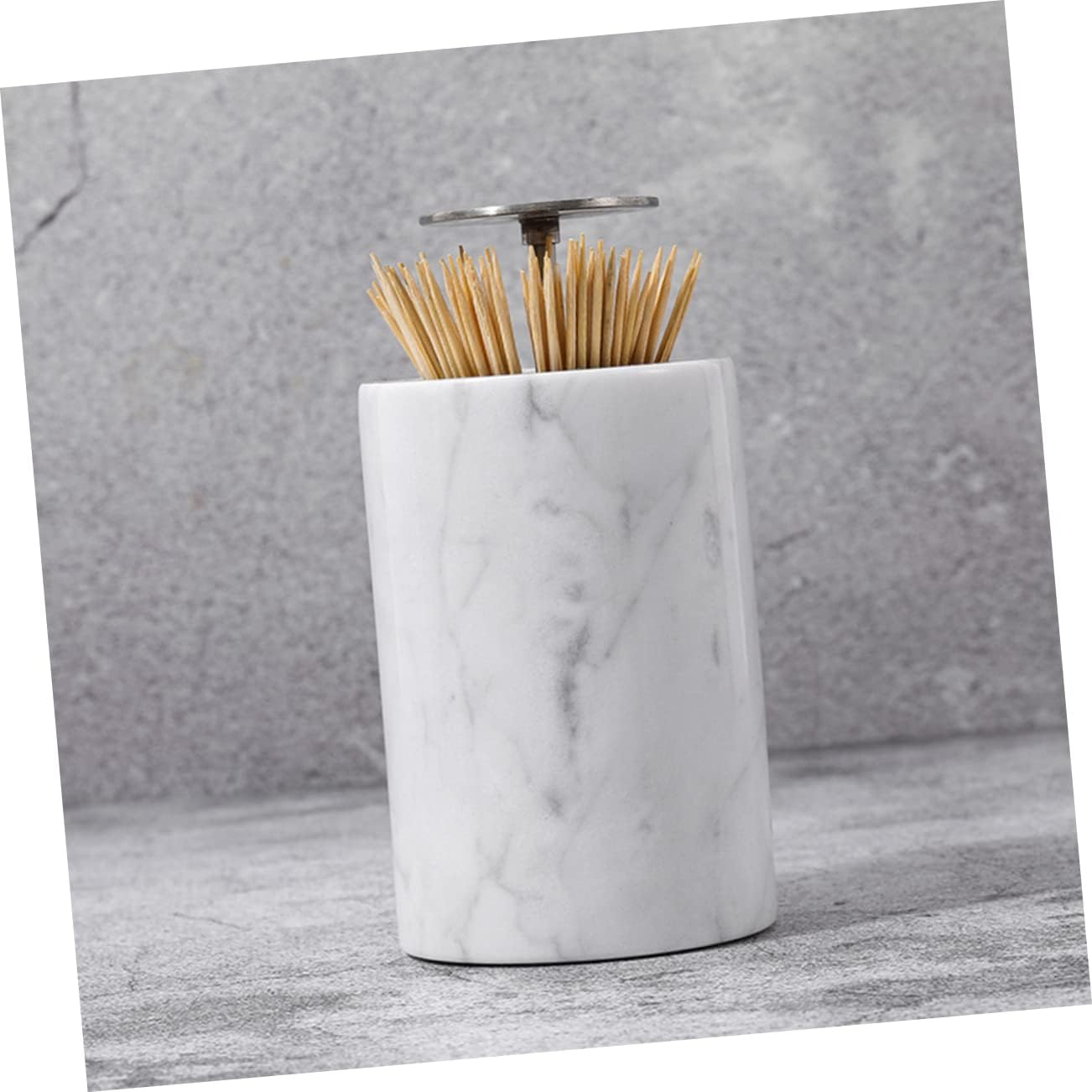 Luxshiny Marble Toothpick Holder Automatic Dispensing Function Elegant Natural Stone Storage Box for Toothpicks and Cotton Swabs Stylish Home Decor for Kitchen and Bathroom