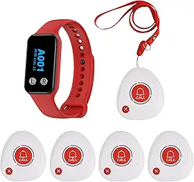 Sistema de chamada de pager sem fio para cuidadores, sistema de alerta de enfermeira com 1 pager de relógio e 5 botões de chamada de 2 teclas