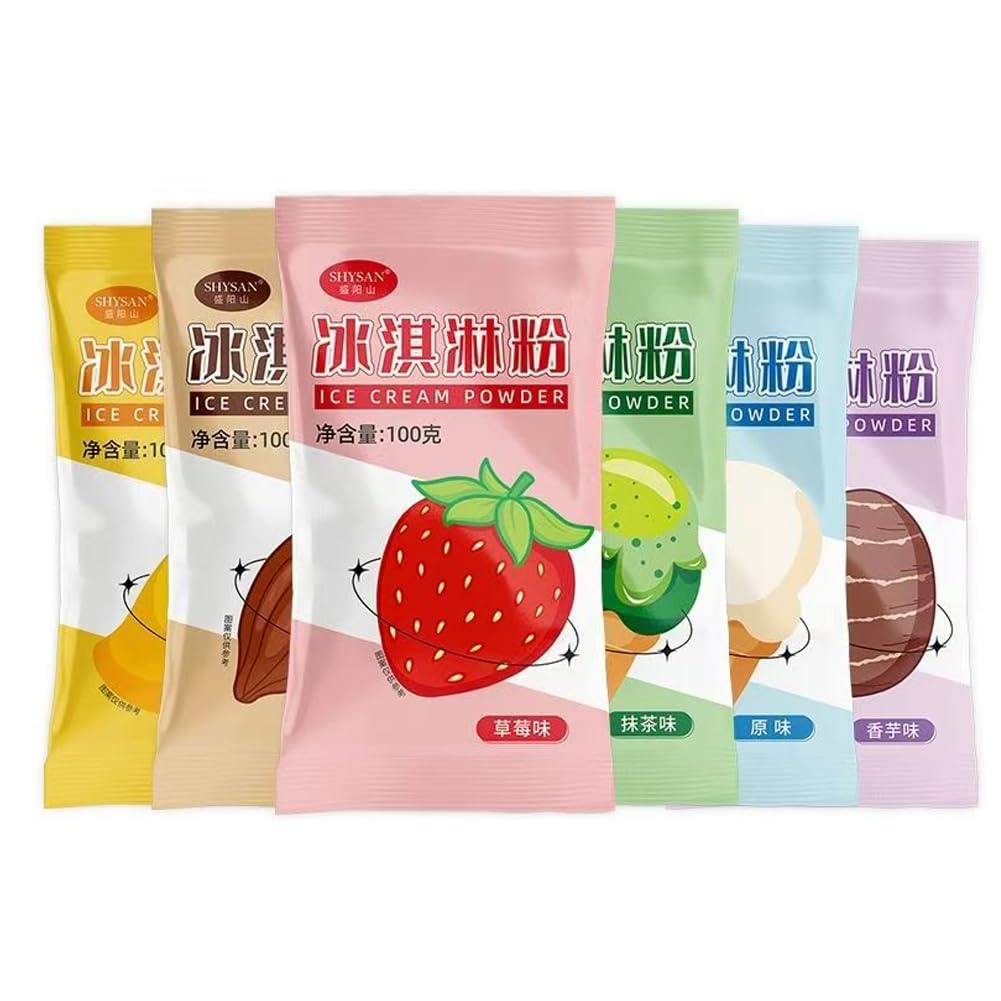 DAMAICHUHAI Préparation pour Glace, Poudre pour Crème Glacée Maison - Kit de 6 Sachets de 100g avec 6 Saveurs Variées (Chocolat, Fraise, Matcha, Taro, Vanille, Cacao) - Idée Cadeau, Facile et Rapide