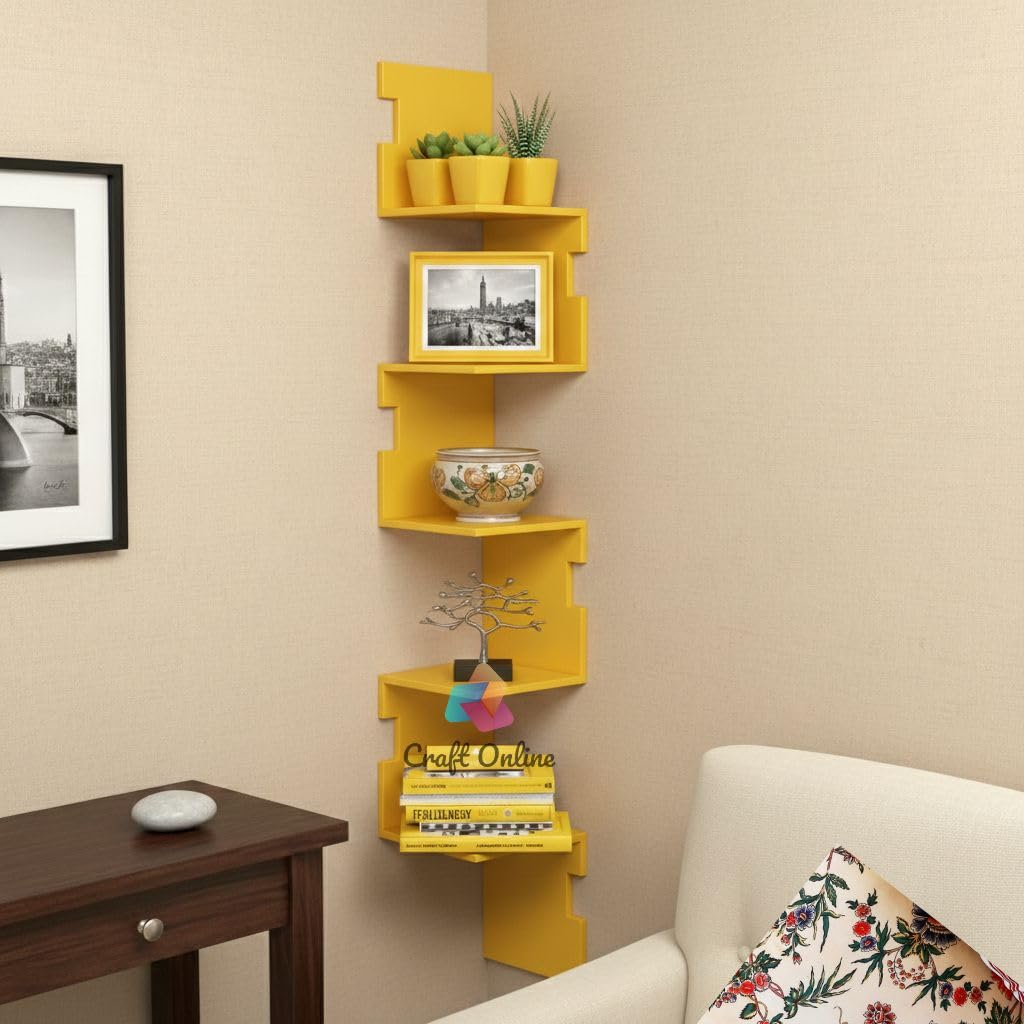 Engineered Wood Wall Shelf, White, 18.5x18.5x116 cm, Modern Corner Floating Shelf, 5 Tier Zigzag Design for Home Decor. (Yellow)-image-16