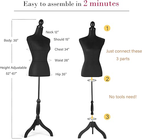 Miniatura 6 de HOMBOUR Cuerpo de maniquí femenino, torso de maniquí de costura, forma de vestido ajustable de 52 a 67 pulgadas de altura con soporte de trípode