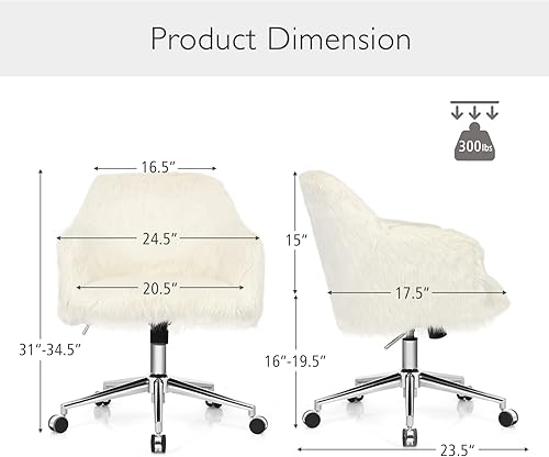Miniatura 3 de COSTWAY Silla de escritorio de piel sintética, silla giratoria tapizada esponjosa para maquillaje con altura ajustable, reposabrazos, silla de