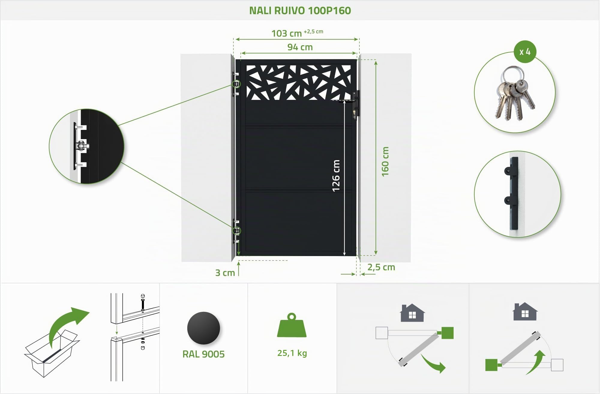 Casanoov - Portillon Acier Galvanisé NALI RUIVO - 103 x 160 cm - 1,03 m x 1,6 m 1,65 m² - Noir Mat - Motif Géométrique - Passage Piéton Sécurisé - Kit Complet Serrure Et Visserie