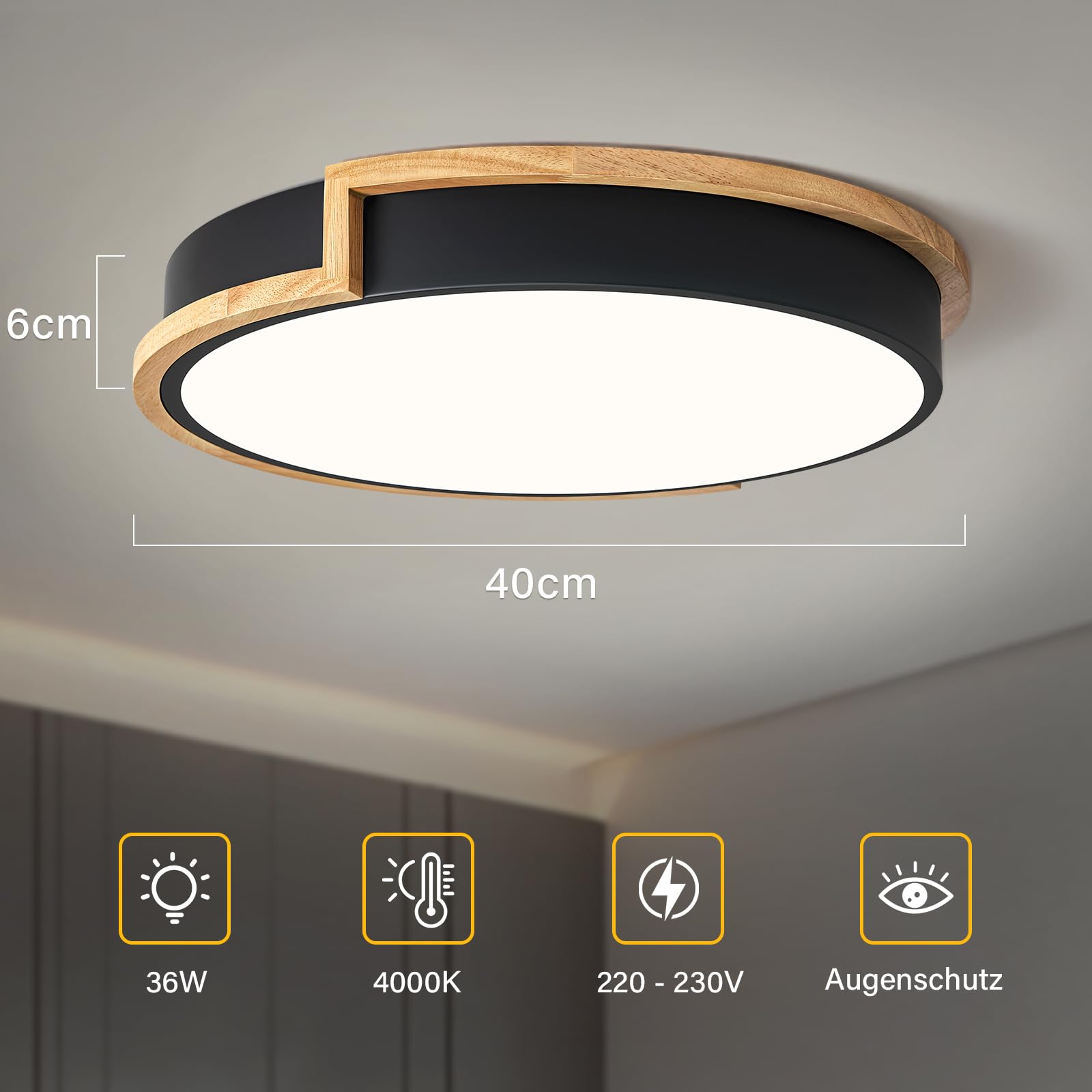 Plafon LED Techo, Plafon de Techo Negra de 40cm, Lámpara de 36W con Madera para Dormitorio,Sala de estar, Comedor, Cocina, Pasillo, 4000K
