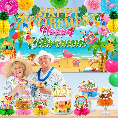 Image of Beach Retirement Party Decorations, Aloha Party Decorations includes Happy Retirement Banner Hawaiian Backdrop and Hanging Swirls Honeycomb Centerpieces, for Aloha Decor