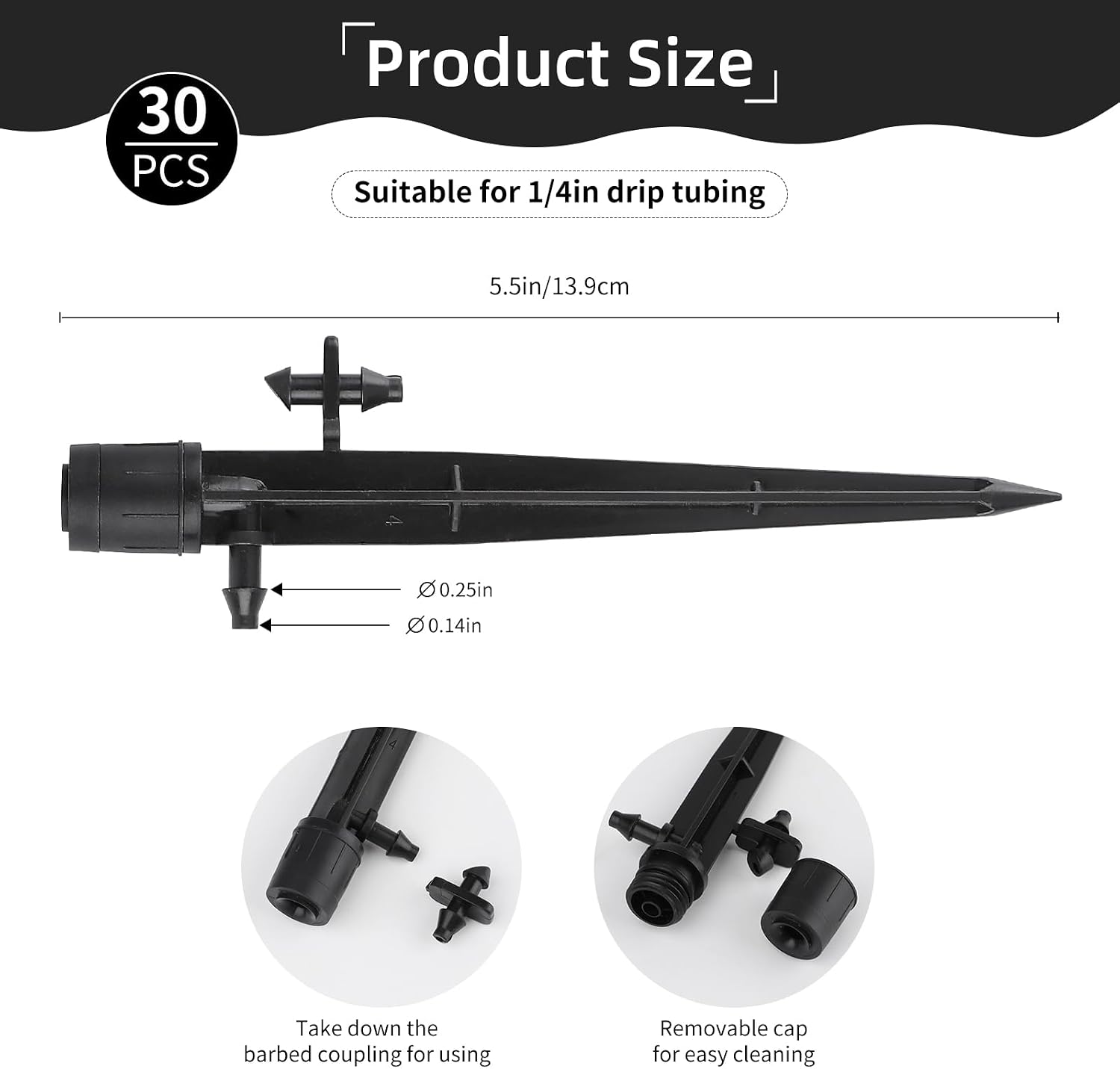 PineHaven 30 Pcs Drip Irrigation Emitters, Adjustable 0-20 GPH Drippers with Stake, 360 Degree Micro Sprinkler Heads for 1/4 Inch Tubing, Garden Lawn Flower Bed Watering System, Easy Installation