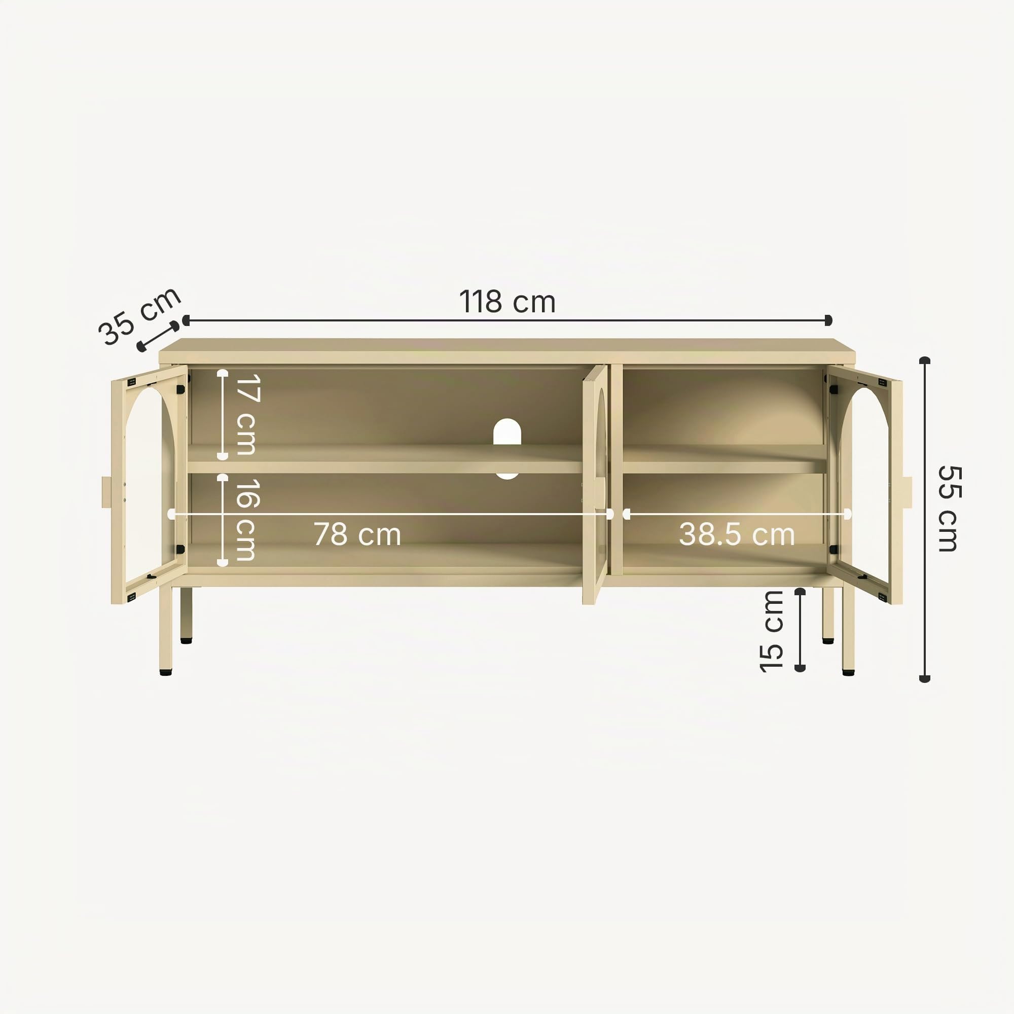 [en.casa] Vitrina Klippestad Aparador 3 Puertas de Cristal Templado Transparente Compartimentos Cerrados Mueble Auxiliar para Cocina Comedor Oficina Acero 118 x 35 x 55 cm - Camelo