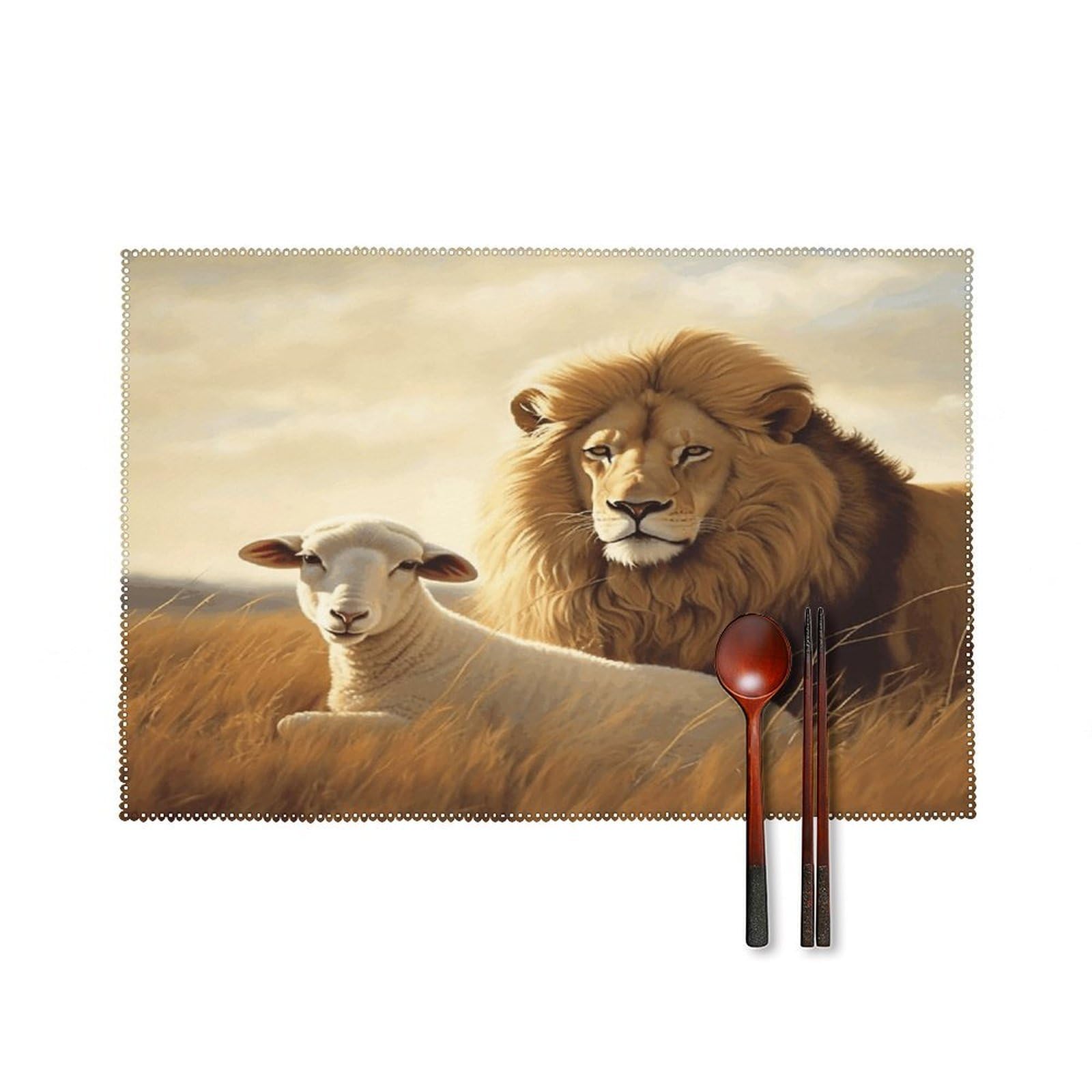 Lion Sheep Placemats Set of 4 Heat Resistant Non-Slip Place Mats for Dining Table Washable Placemat Wipeable Dining Table Mat Canvas Place Mats Dining Table Decor