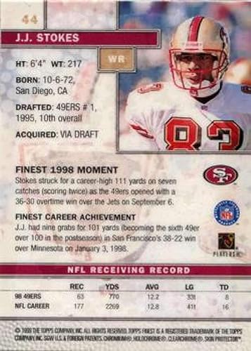 Miniatura 2 de 1999 Finest Football #44 J.J. Stokes San Francisco 49ers Official NFL Trading Card From The Topps Company