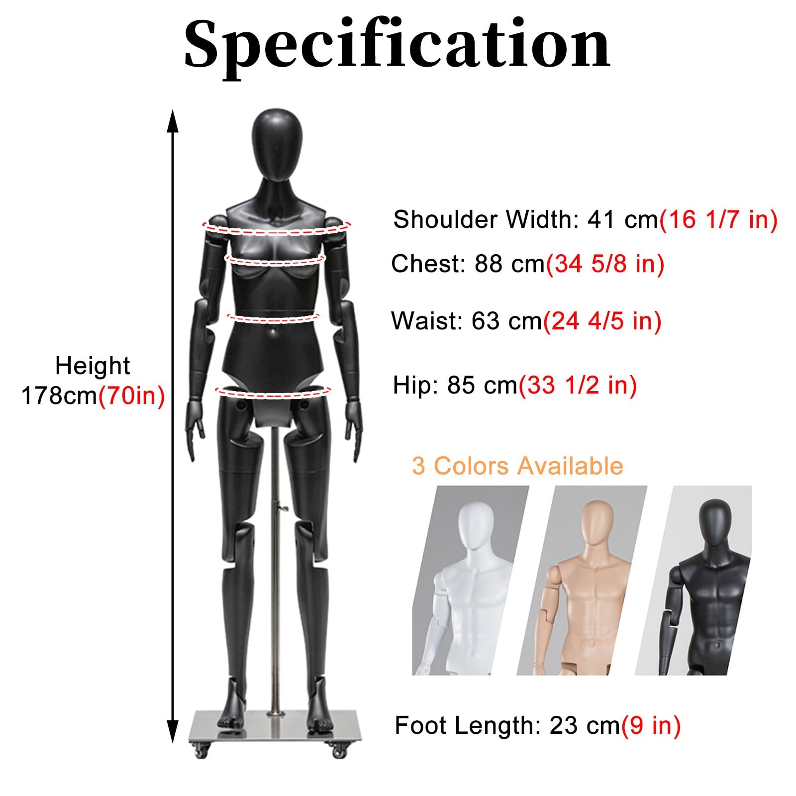 Manichino Femminile A Grandezza Naturale Senza Volto, Manichino Adulto Snodabile A Figura Intera Commerciale, Manichino per Abbigliamento da Seduto/in Piedi(Black)